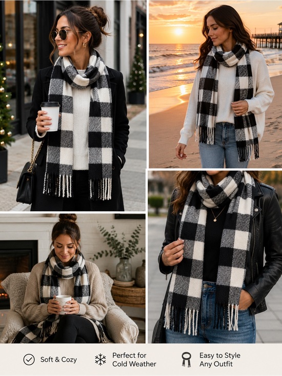 Accessories - Black & White Buffalo Check Fringe Scarf | Cozy Winter Wrap | Classic Plaid